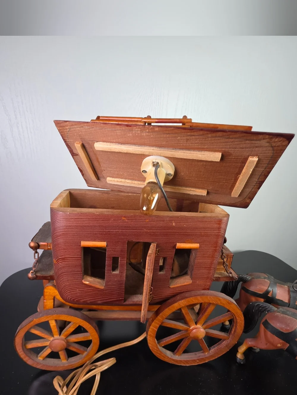 Wooden Stagecoach and Pair of Horses - Brown and Black